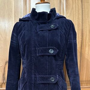 Idra - Gorgeous Deep Blue Waffle-Knit Velour Hooded & Tailored Bustle Coat EUC 6